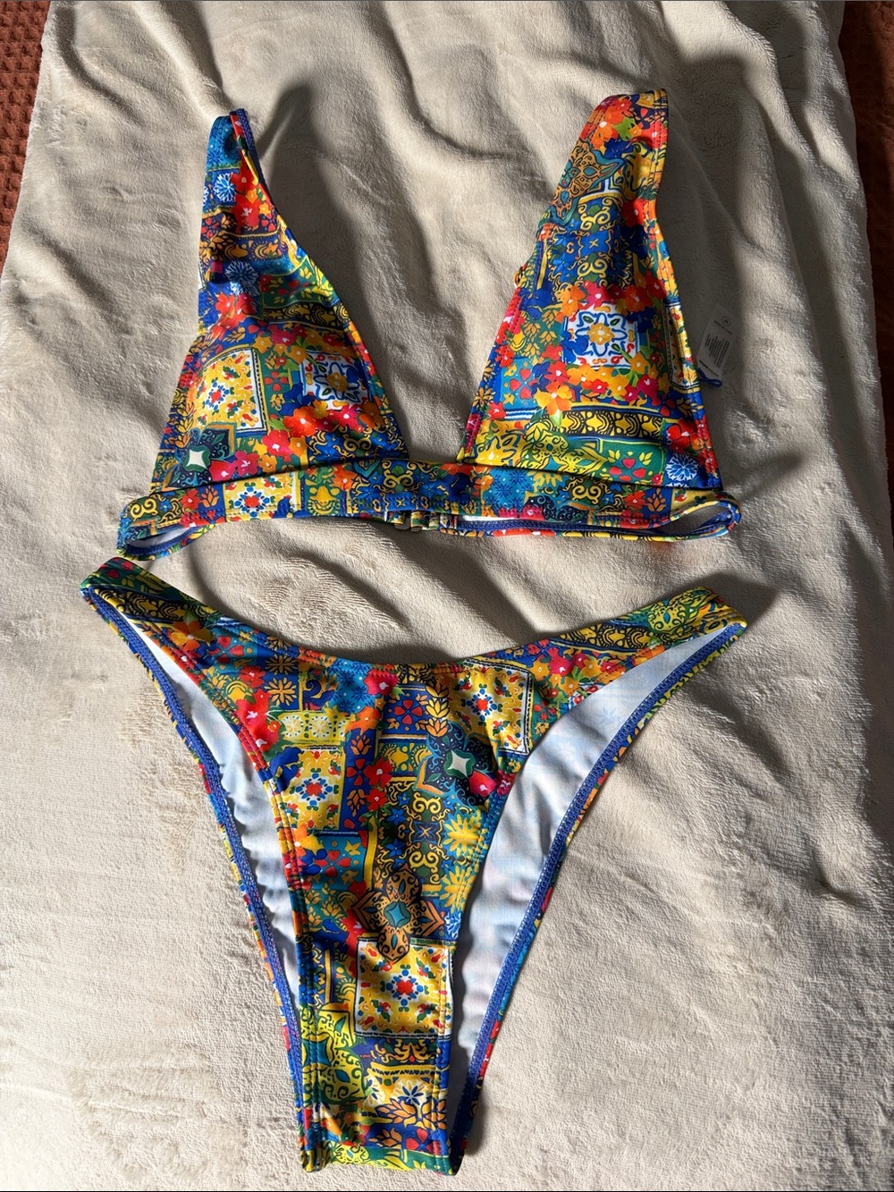Fashion Nova Multicolor Tile-Print Bikini - Blue, Yellow, Red, Green